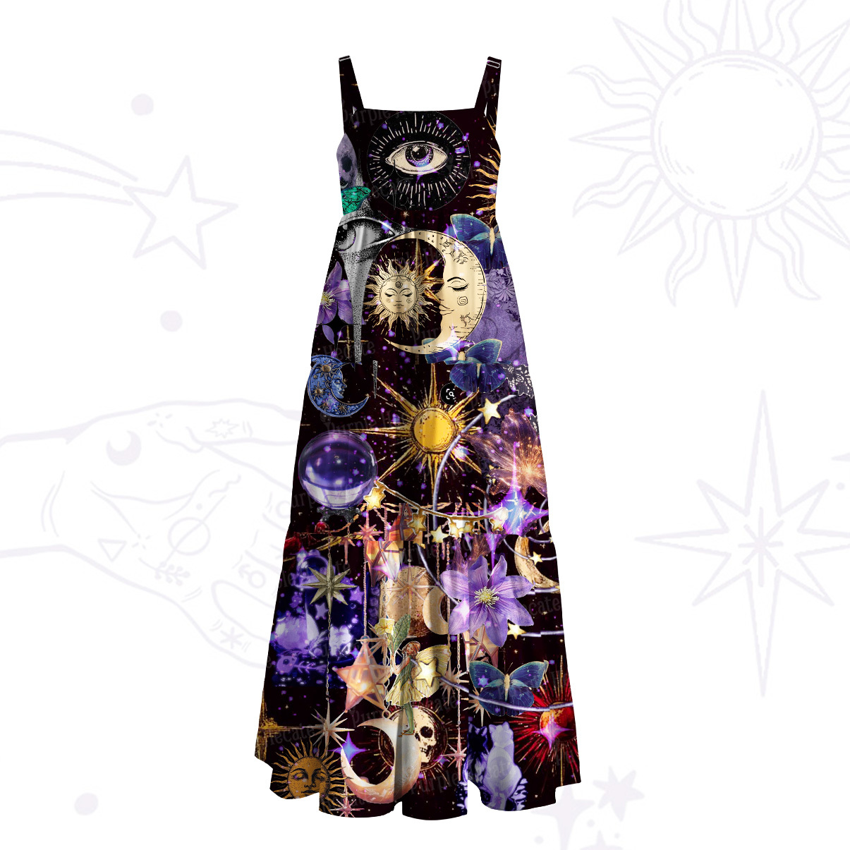 Purplehecate Witchy Galaxy All‑Over Print Wide Straps Maxi Dress