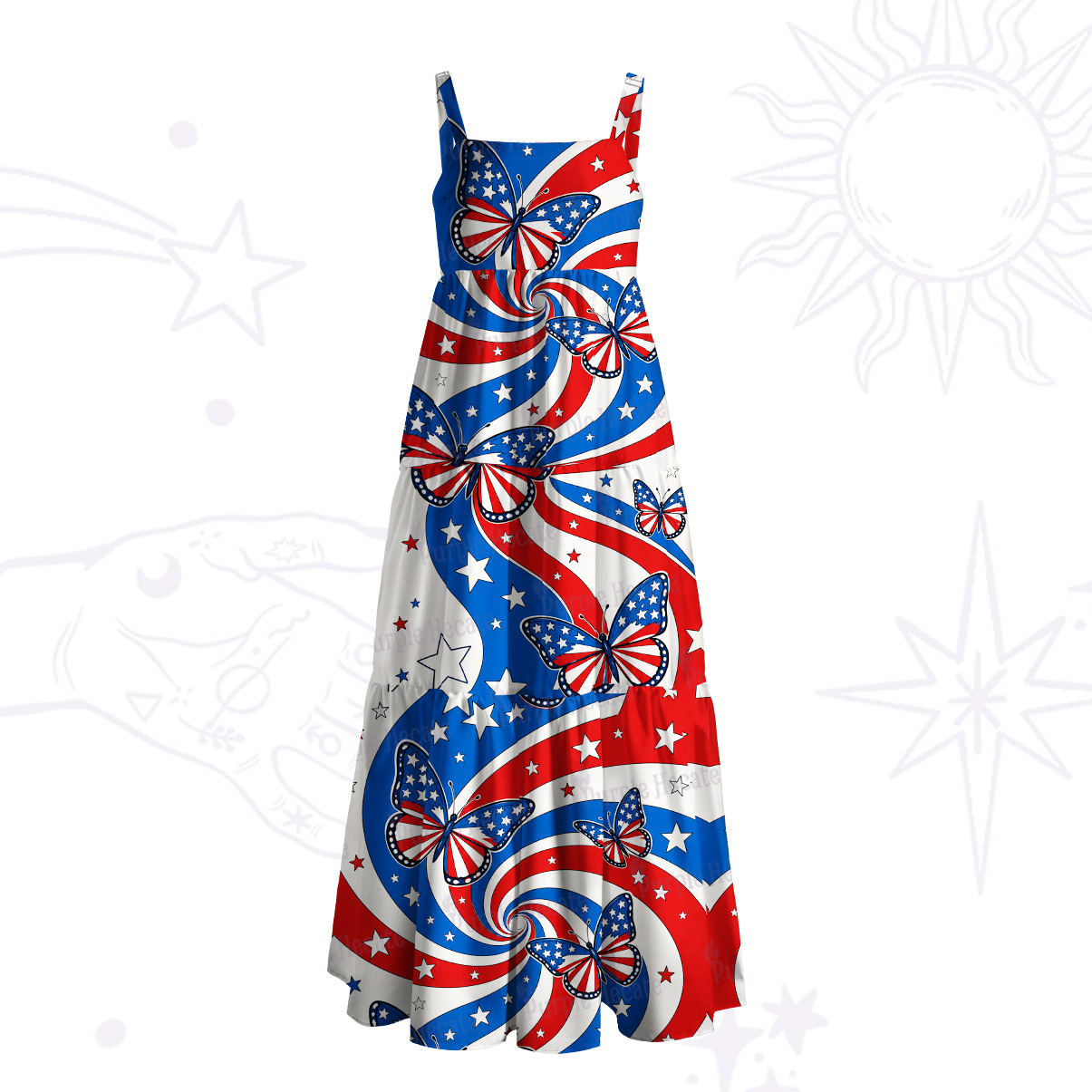 Purplehecate Patriotic Butterfly 4th of July Wide Straps Maxi Dress