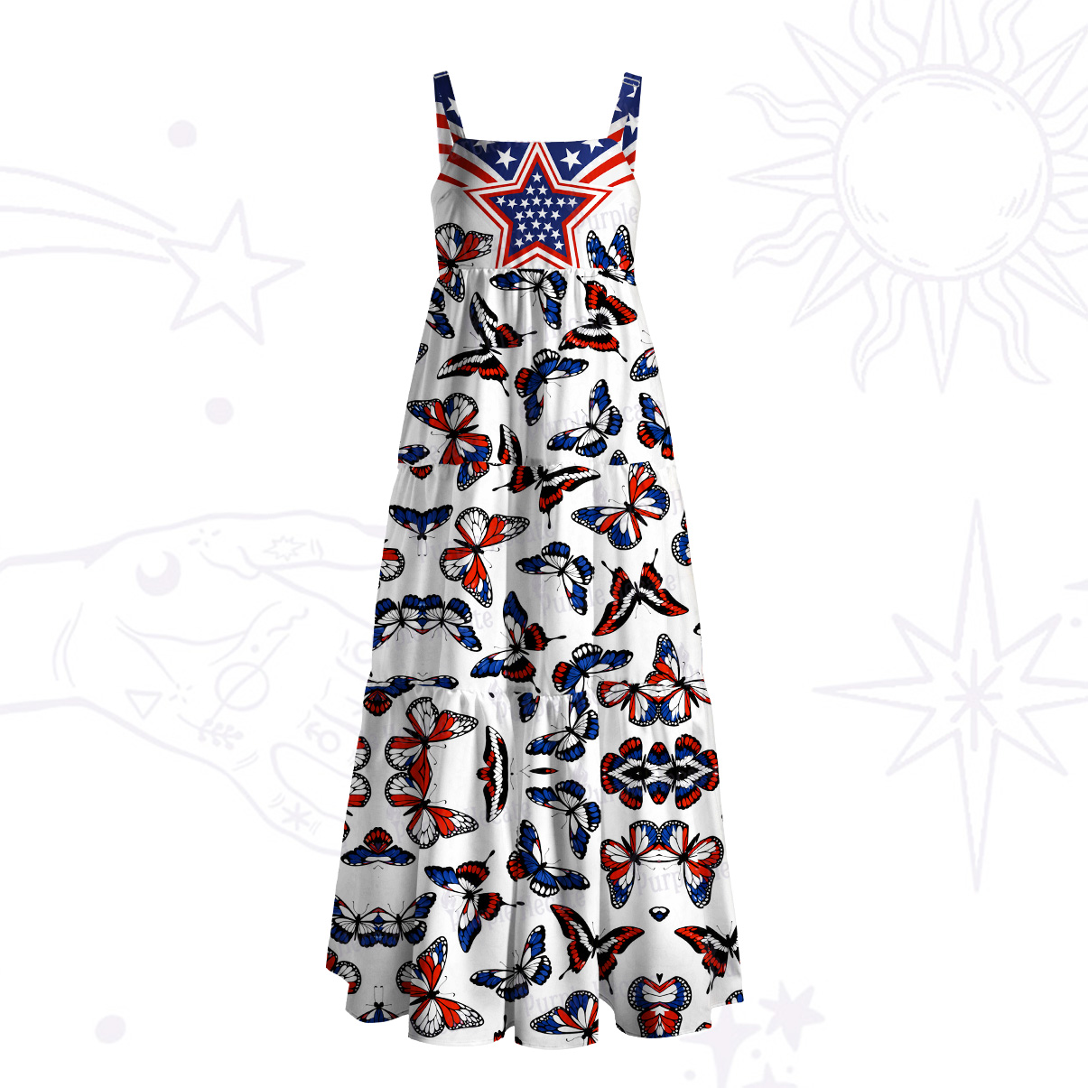 Purplehecate Red White Blue Patriotic Butterfly Wide Straps Maxi Dress