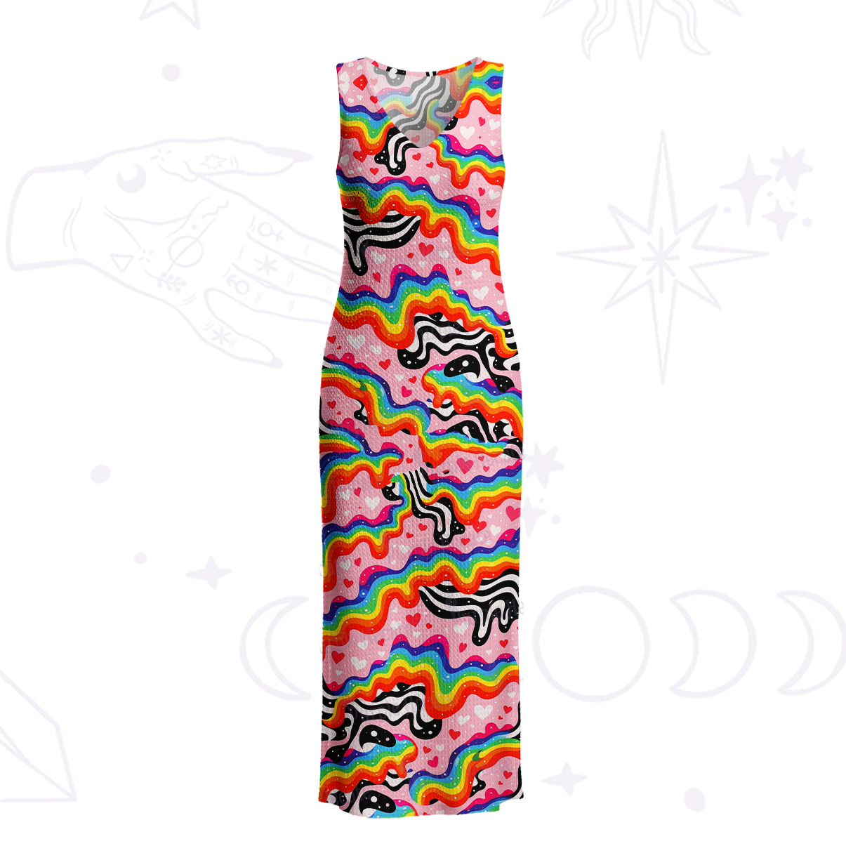 Purplehecate Groovy Melty Rainbow Hearts Wavy Crochet Knit Maxi Dress