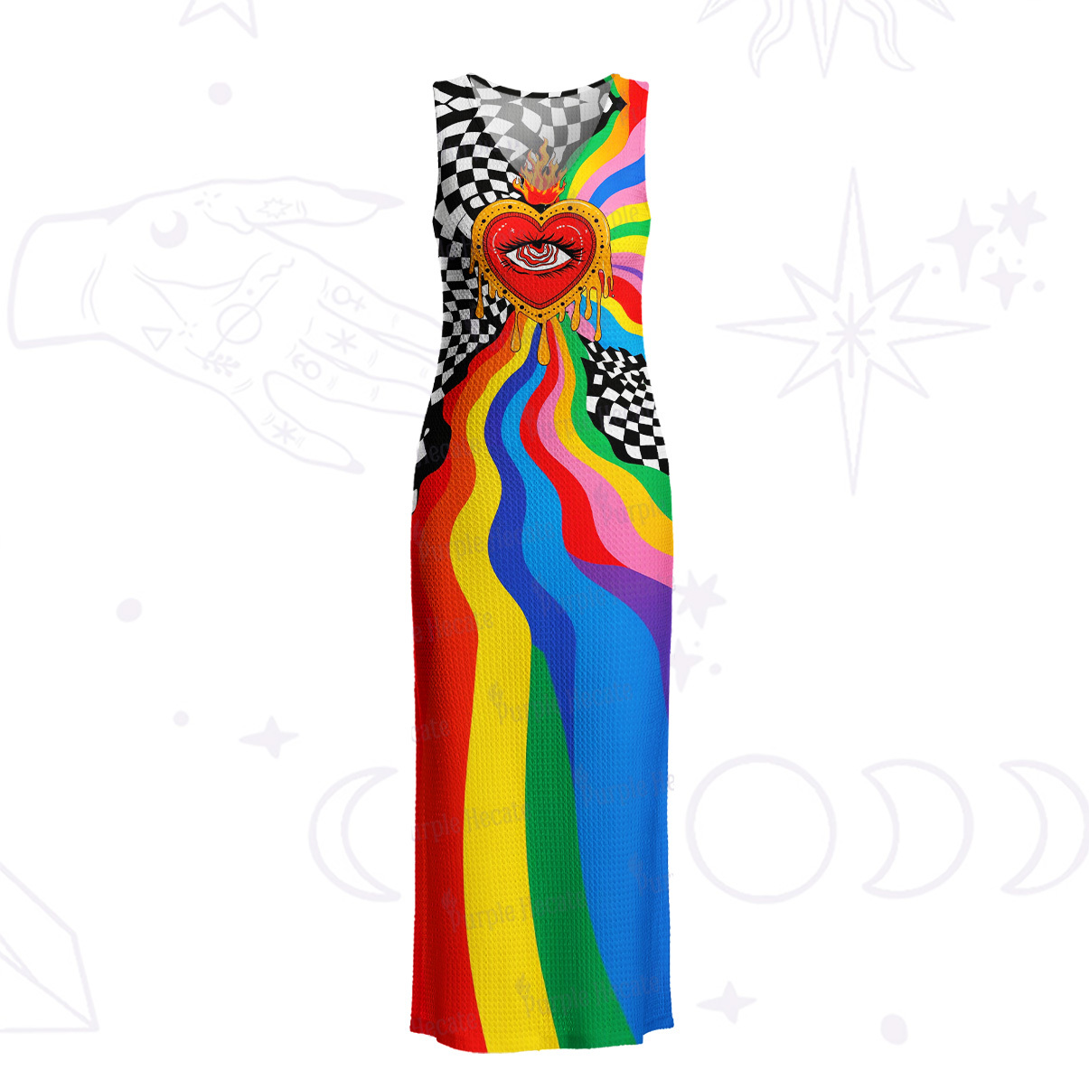 Purplehecate Trippy Rainbow Heart Eye Crochet Knit Maxi Dress