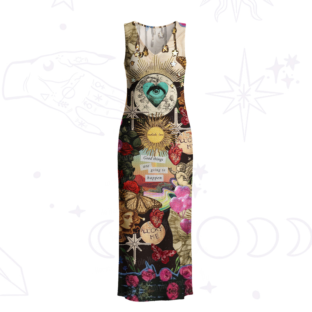 Purplehecate Lucky Me Sacred Heart Eye Crochet Knit Maxi Dress