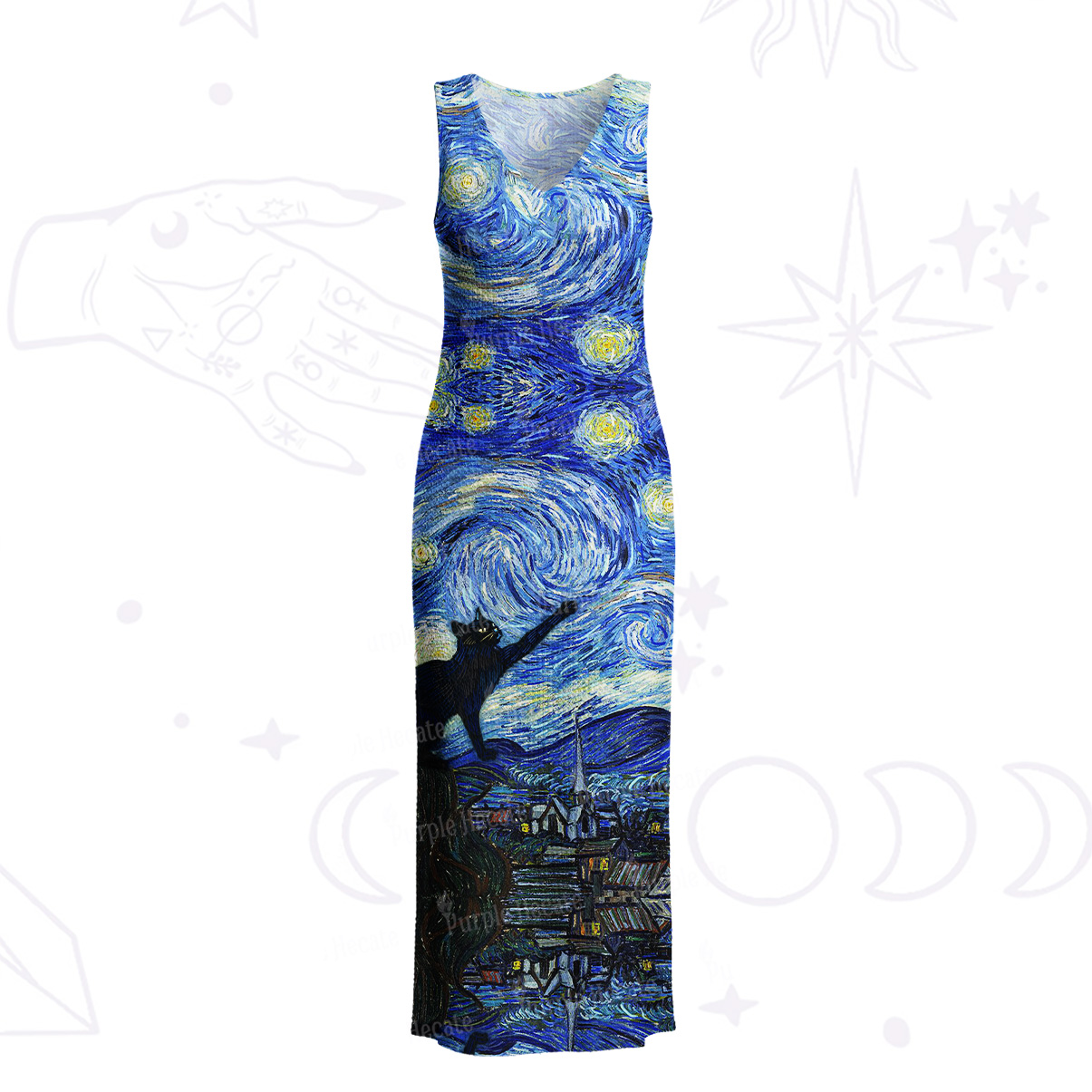 Purplehecate Witch Cat Under the Starry Night Crochet Knit Maxi Dress