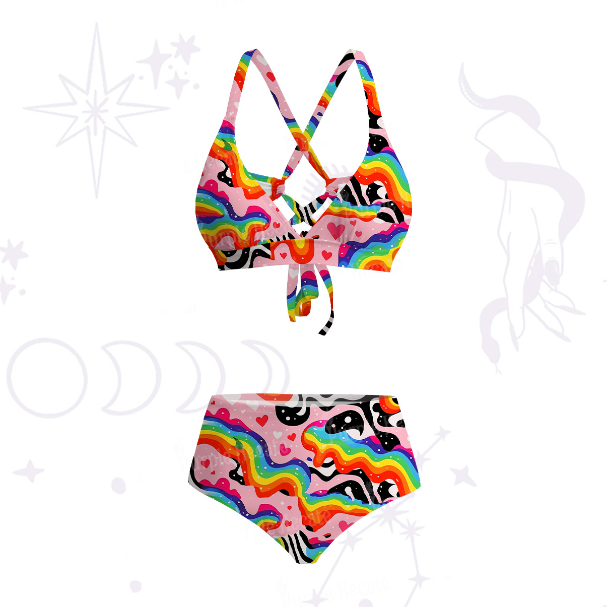 Purplehecate Groovy Melty Rainbow Hearts Wavy Crisscross Tie-Back Bikini Set