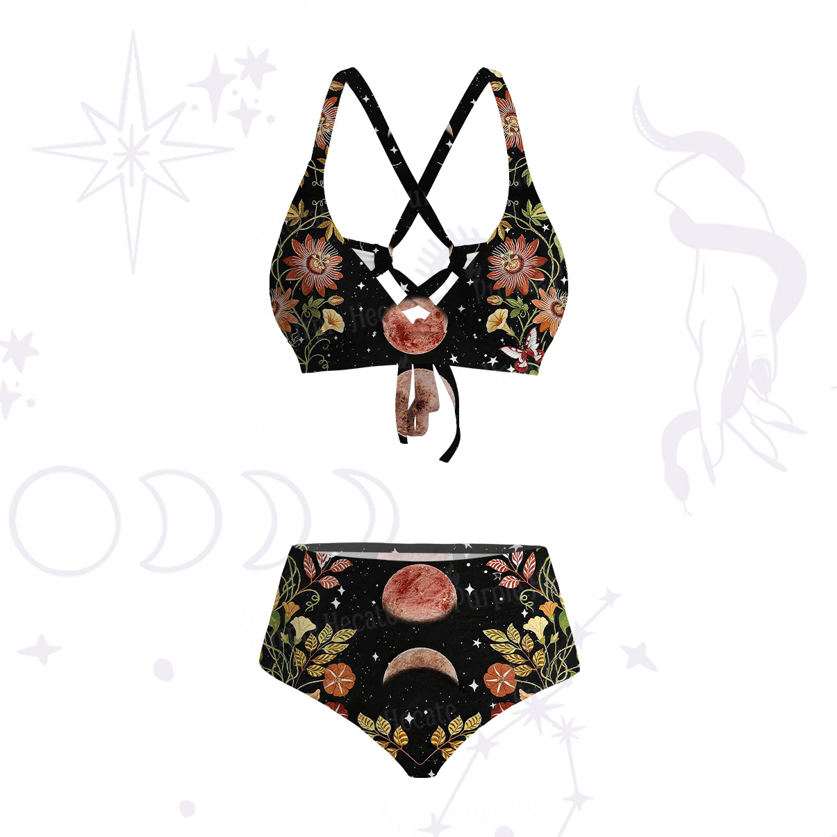 Purplehecate Moon Phase Floral Crisscross Tie-Back Bikini Set