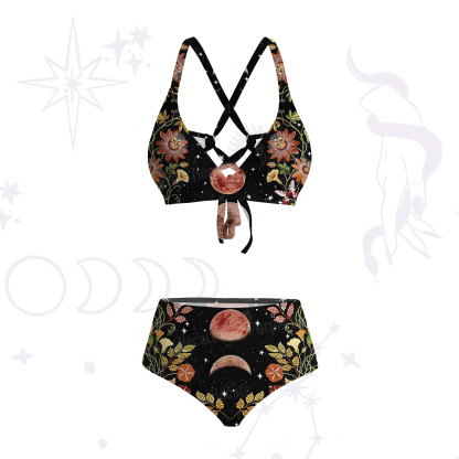 Purplehecate Moon Phase Floral Crisscross Tie-Back Bikini Set