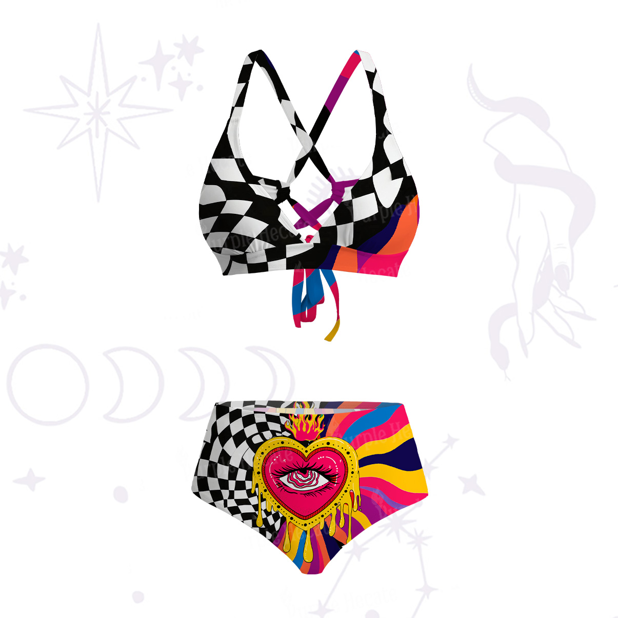 Purplehecate Trippy Rainbow Heart Eye Crisscross Tie-Back Bikini Set