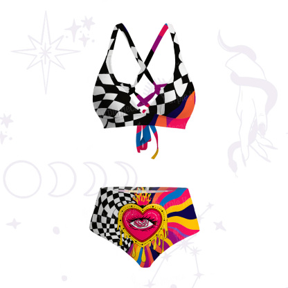 Purplehecate Trippy Rainbow Heart Eye Crisscross Tie-Back Bikini Set