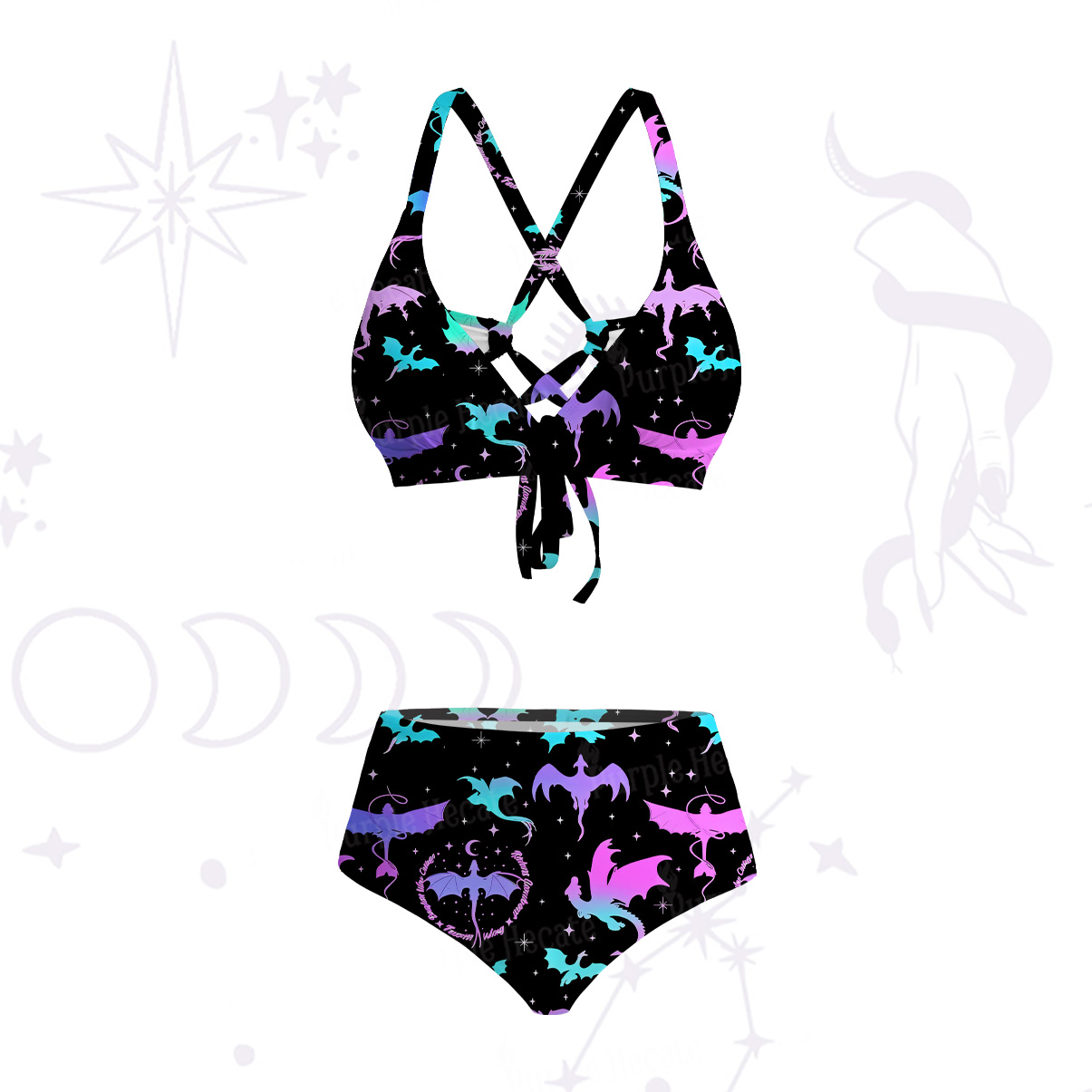 Purplehecate Neon Fantasy Dragon Allover Crisscross Tie-Back Bikini Set