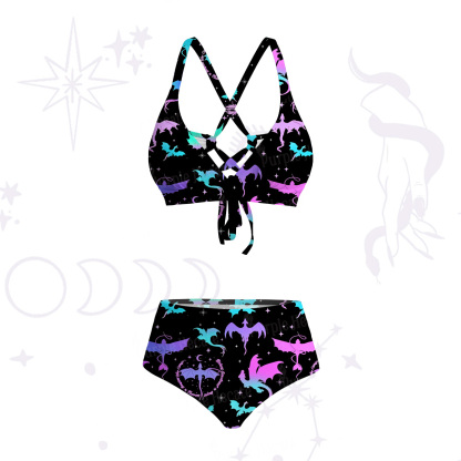 Purplehecate Neon Fantasy Dragon Allover Crisscross Tie-Back Bikini Set