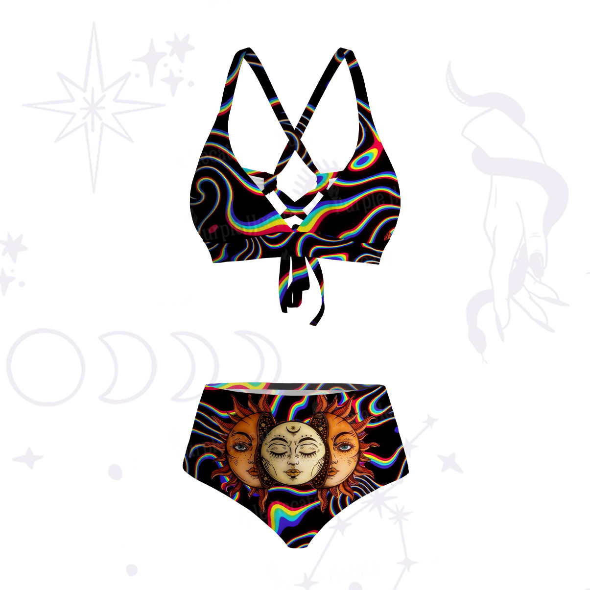 Purplehecate Psychedelic Sun and Moon Crisscross Tie-Back Bikini Set
