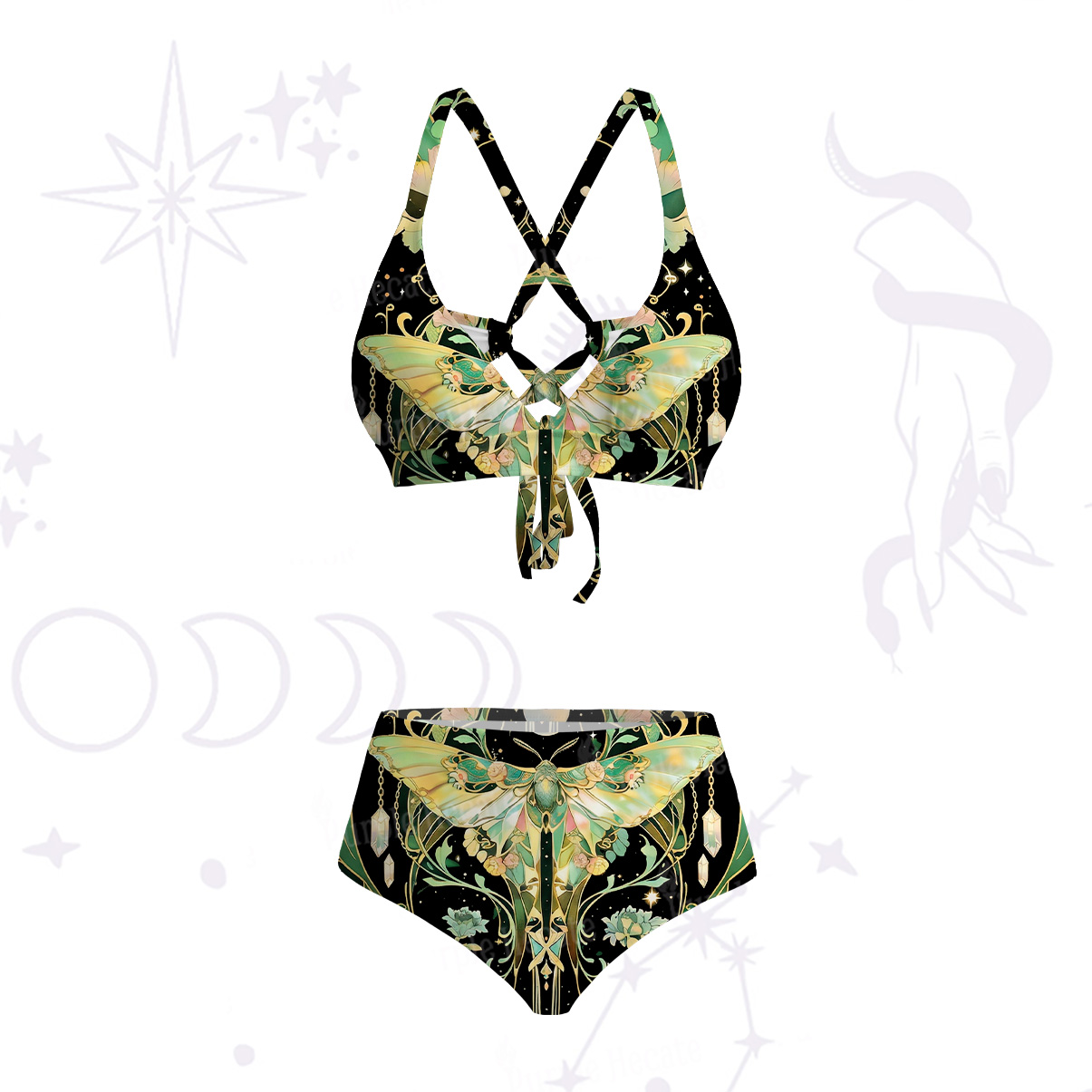 Purplehecate Moon Moth  Rave Crisscross Tie-Back Bikini Set