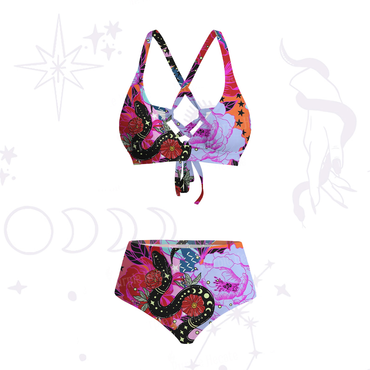 Purplehecate Enchanted Black Serpent & Floral Pattern Crisscross Tie-Back Bikini Set