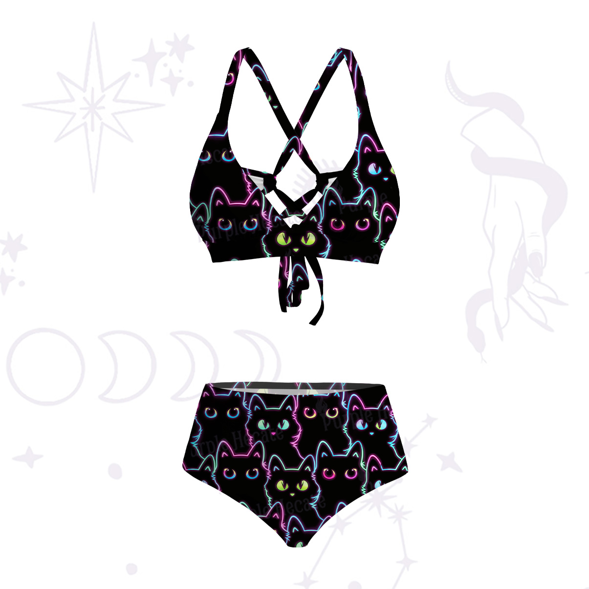 Purplehecate Neon Glow Stacked Cats Crisscross Tie-Back Bikini Set