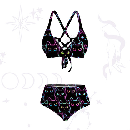 Purplehecate Neon Glow Stacked Cats Crisscross Tie-Back Bikini Set