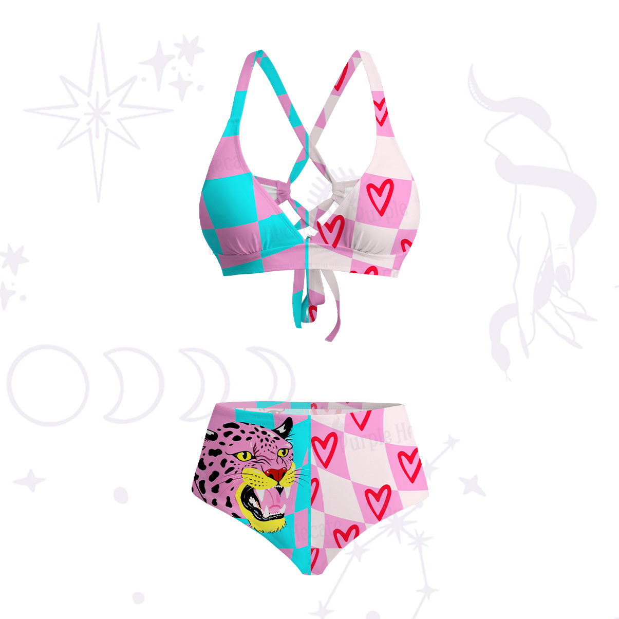 Purplehecate Savage Leopard Evil Eye Crisscross Tie-Back Bikini Set