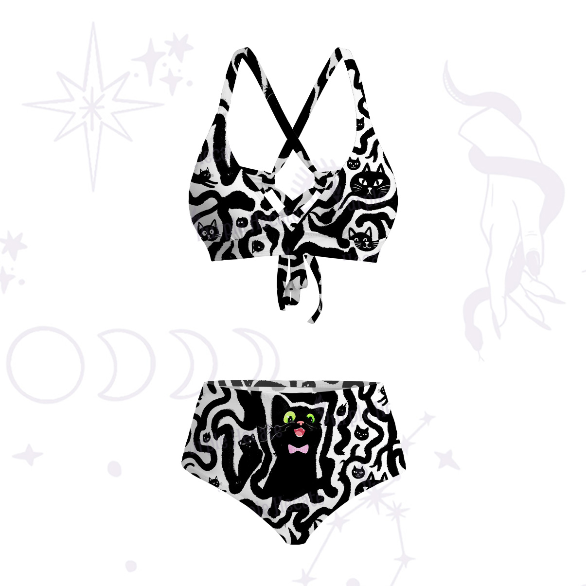 Purplehecate Whimsical Abstract Cat Crisscross Tie-Back Bikini Set