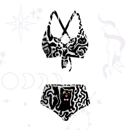 Purplehecate Whimsical Abstract Cat Crisscross Tie-Back Bikini Set