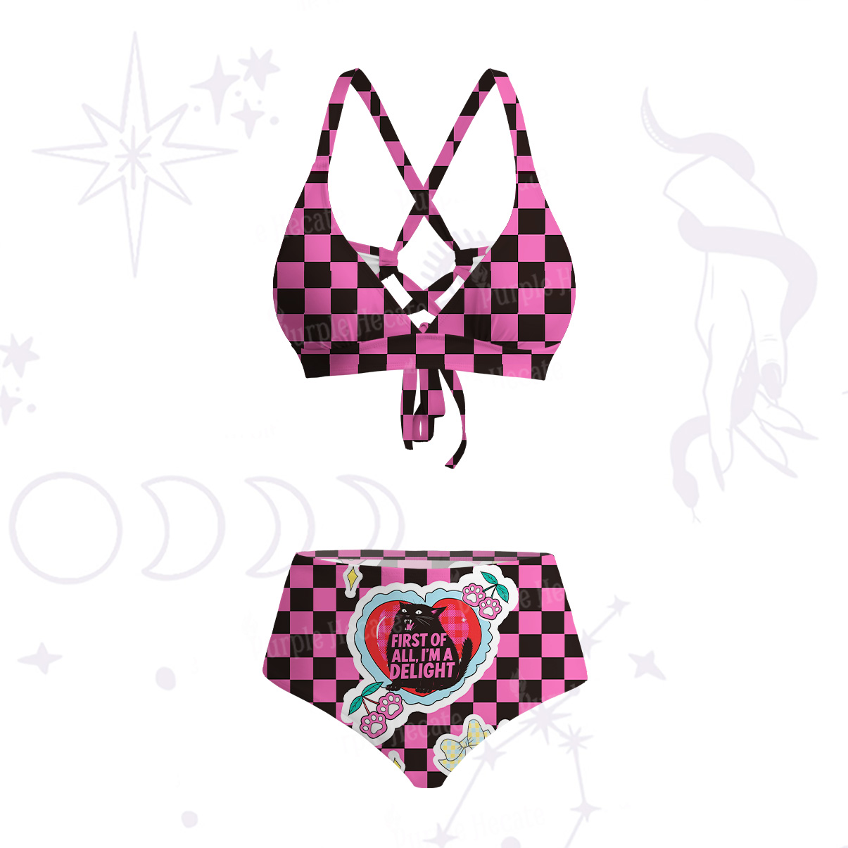 Purplehecate First Of All I'm A Delight Cat Crisscross Tie-Back Bikini Set