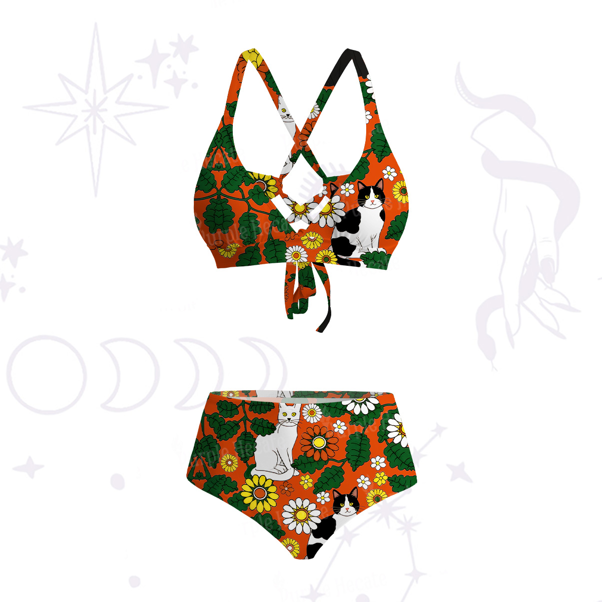 Purplehecate Daisy Cat  Garden Crisscross Tie-Back Bikini Set