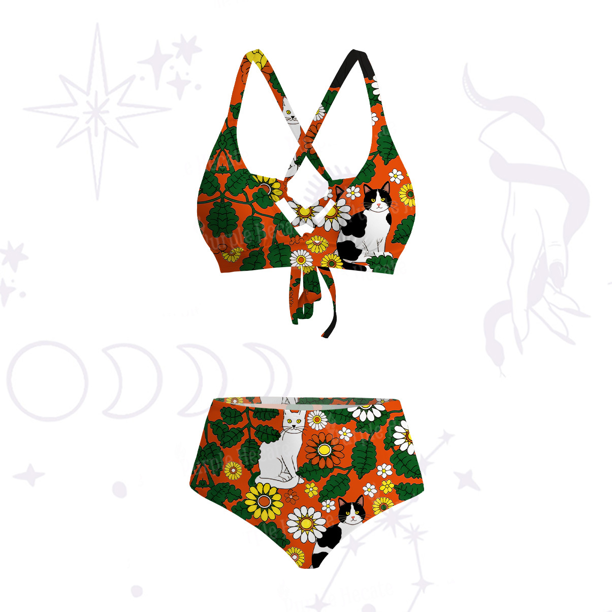 Purplehecate Daisy Cat  Garden Crisscross Tie-Back Bikini Set