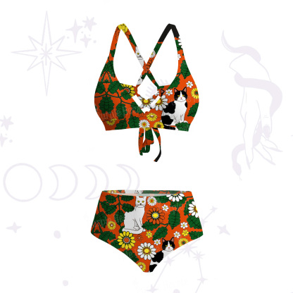 Purplehecate Daisy Cat  Garden Crisscross Tie-Back Bikini Set