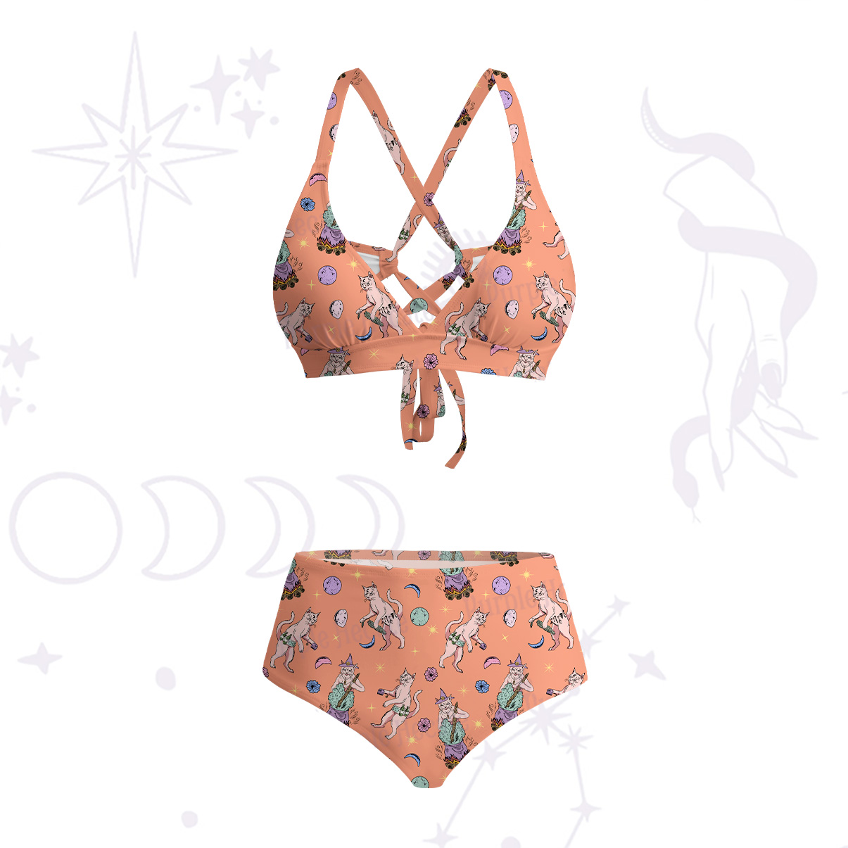 Purplehecate Cat Coven Crisscross Tie-Back Bikini Set
