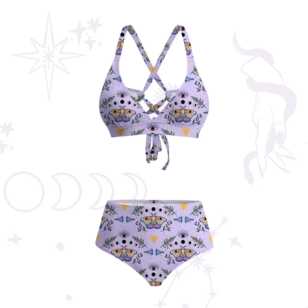 Purplehecate Luna Moth Witch Crisscross Tie-Back Bikini Set