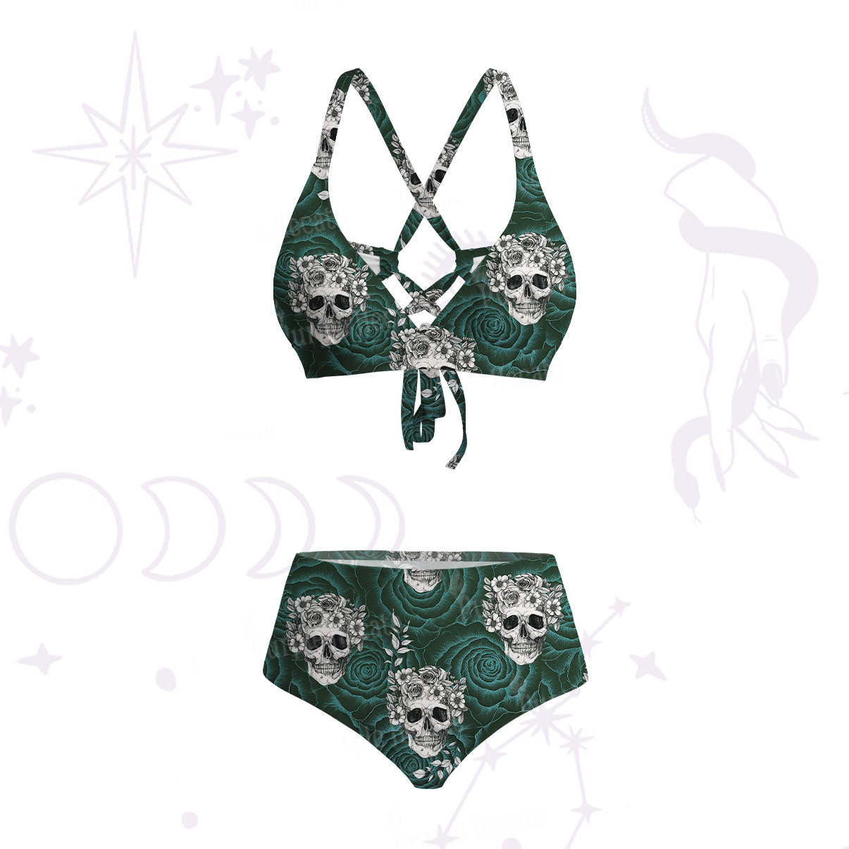 Purplehecate Rose Skull Crisscross Tie-Back Bikini Set