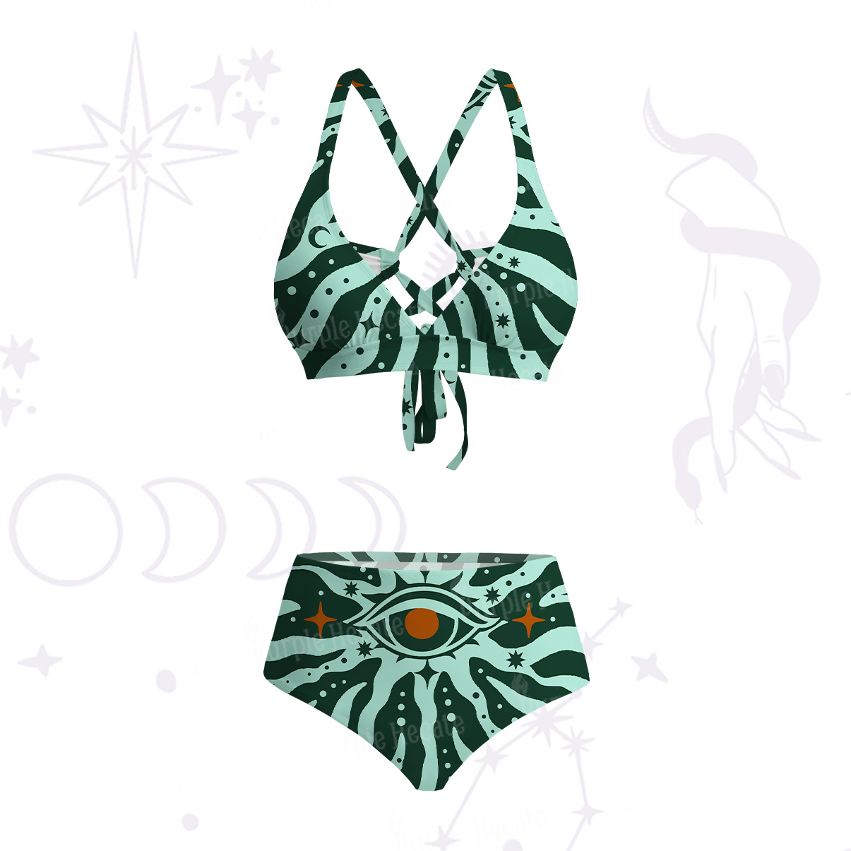 Purplehecate Green Vision Illusion Crisscross Tie-Back Bikini Set