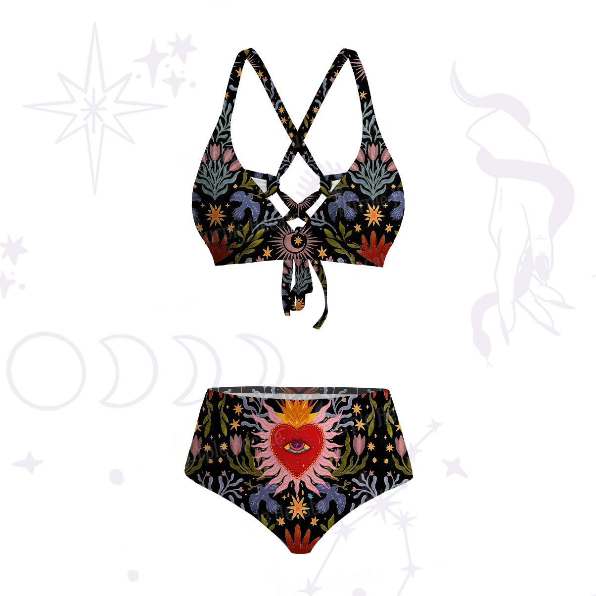 Purplehecate Sacred Flame Heart Crisscross Tie-Back Bikini Set