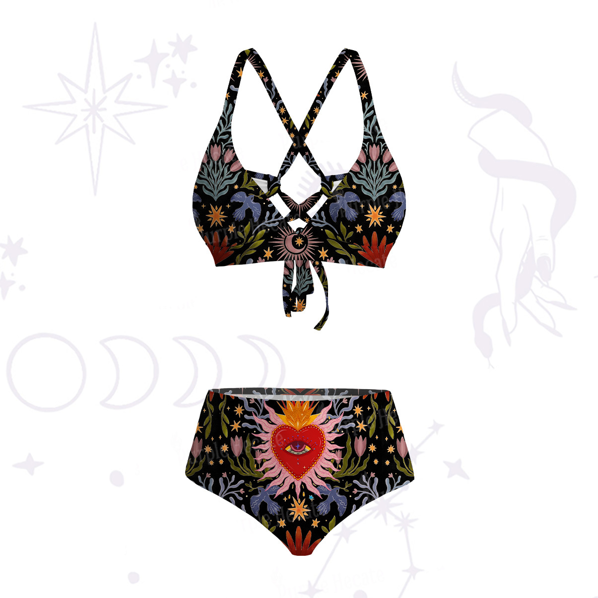 Purplehecate Sacred Flame Heart Crisscross Tie-Back Bikini Set