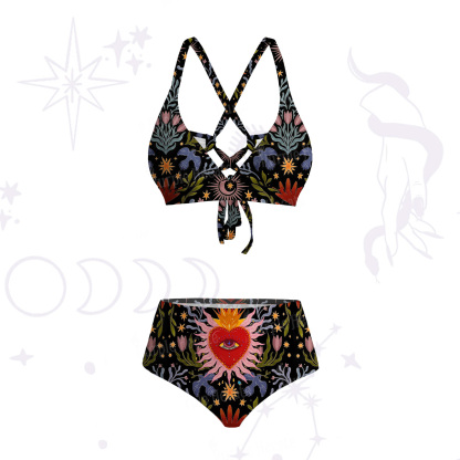 Purplehecate Sacred Flame Heart Crisscross Tie-Back Bikini Set