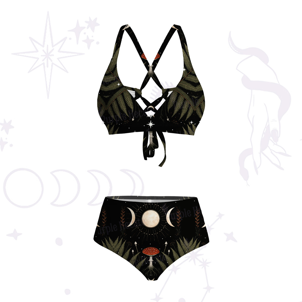 Purplehecate Moonlit Mushroom Gown Crisscross Tie-Back Bikini Set