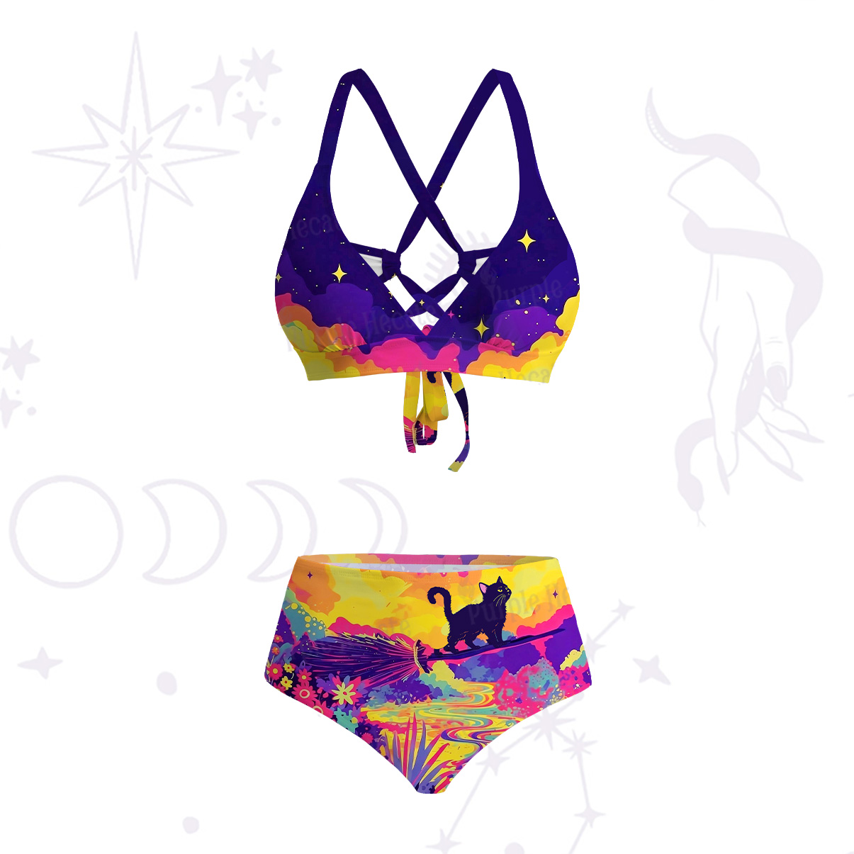Purplehecate Midnight Cosmic Cat Fantasy Crisscross Tie-Back Bikini Set