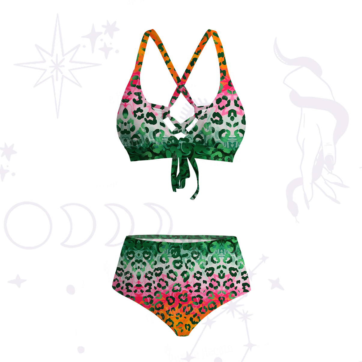 Purplehecate Rainbow Ombre Leopard Crisscross Tie-Back Bikini Set