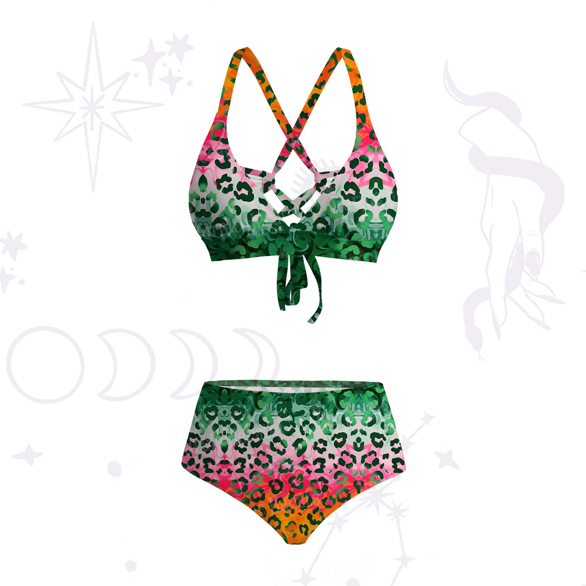 Purplehecate Rainbow Ombre Leopard Crisscross Tie-Back Bikini Set