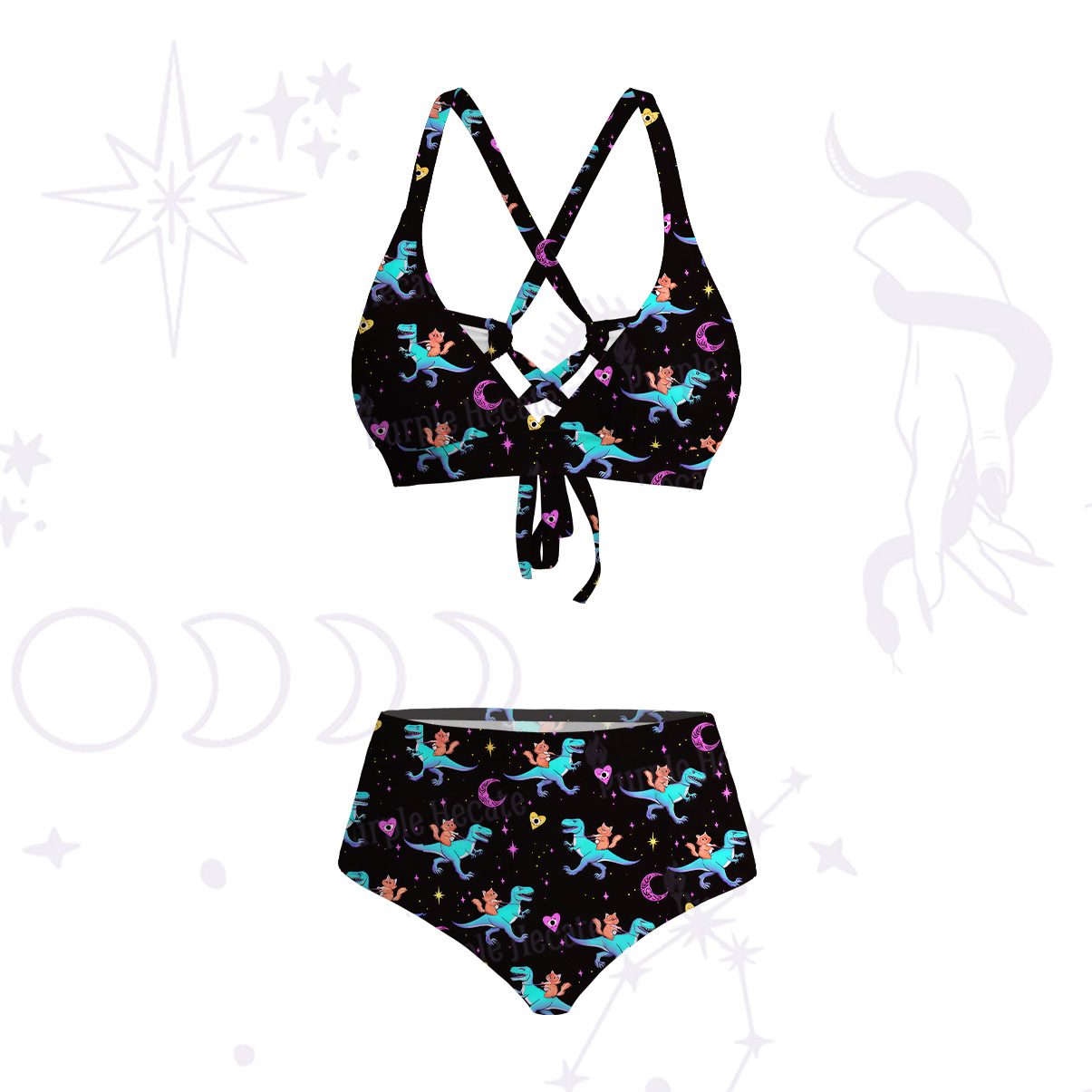 Purplehecate Witch Cat Rides the Dino Crisscross Tie-Back Bikini Set