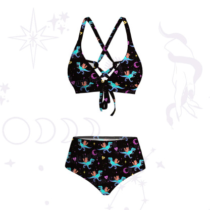 Purplehecate Witch Cat Rides the Dino Crisscross Tie-Back Bikini Set