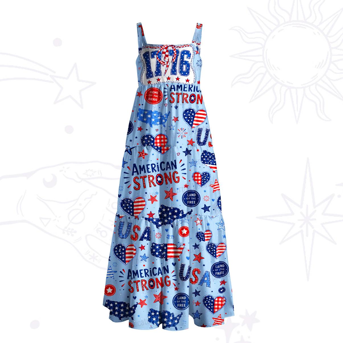 Purplehecate American Strong 1776 Patriotic Wide Straps Maxi Dress
