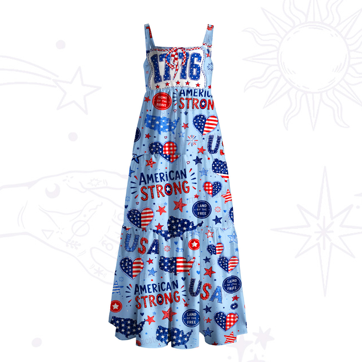 Purplehecate American Strong 1776 Patriotic Wide Straps Maxi Dress