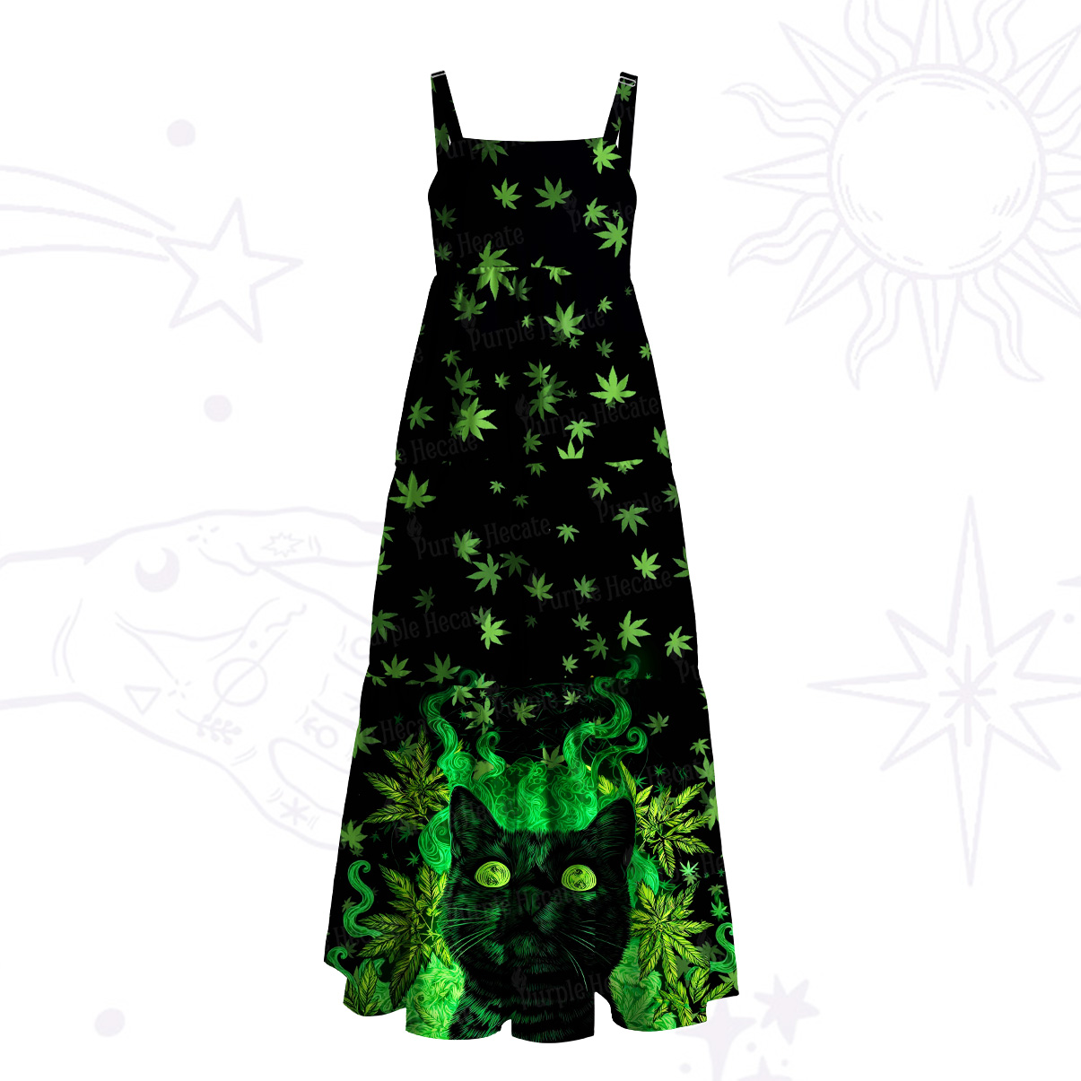 Purplehecate Trippy Glow Cat 420 Vibes Wide Straps Maxi Dress