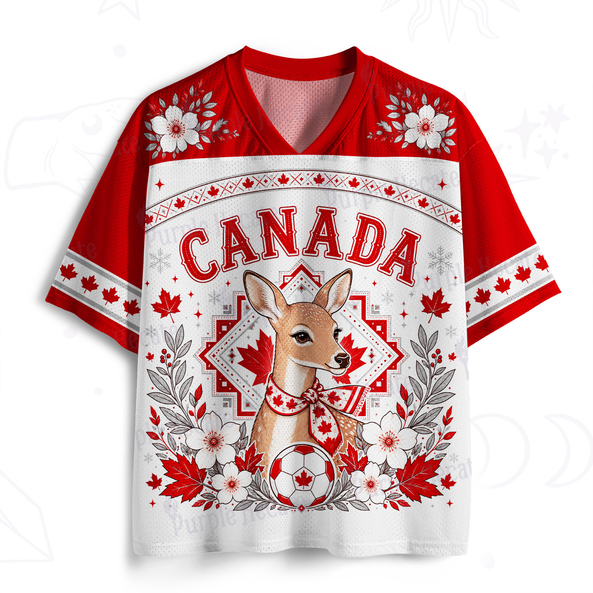 Purplehecate Red and White Canada Soccer Deer Mesh Jersey