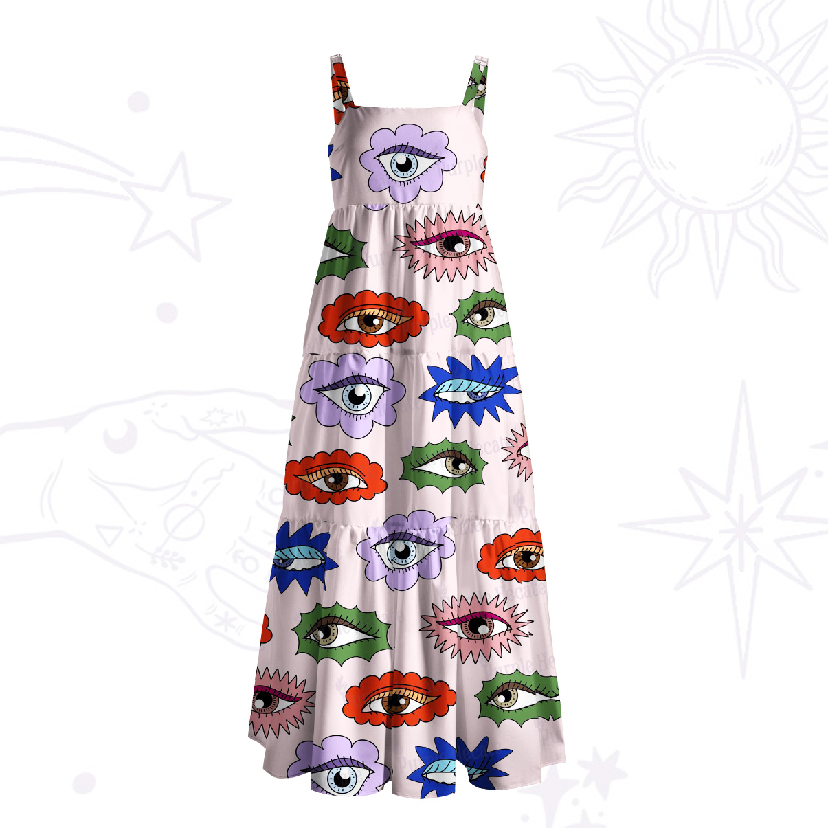 Purplehecate Rainbow Evil Eye Garden Wide Straps Maxi Dress
