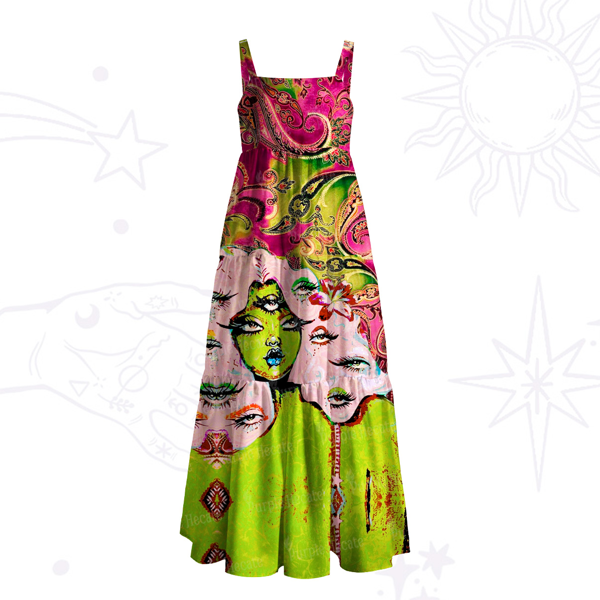 Purplehecate Pop Art Faces & Paisley Wide Straps Maxi Dress