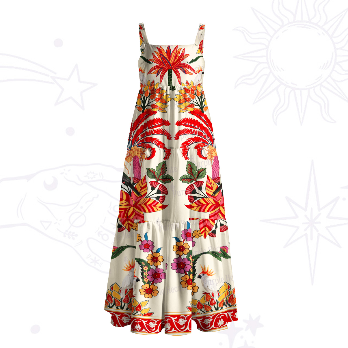 Purplehecate Tropical Bird Paradise Garden Wide Straps Maxi Dress