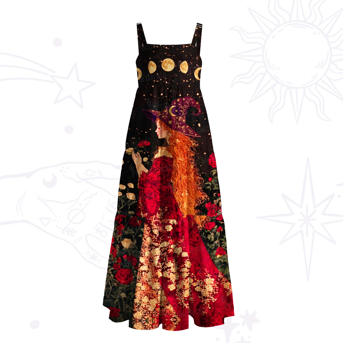 Purplehecate Moon Magic Witchcraft Print Wide Straps Maxi Dress
