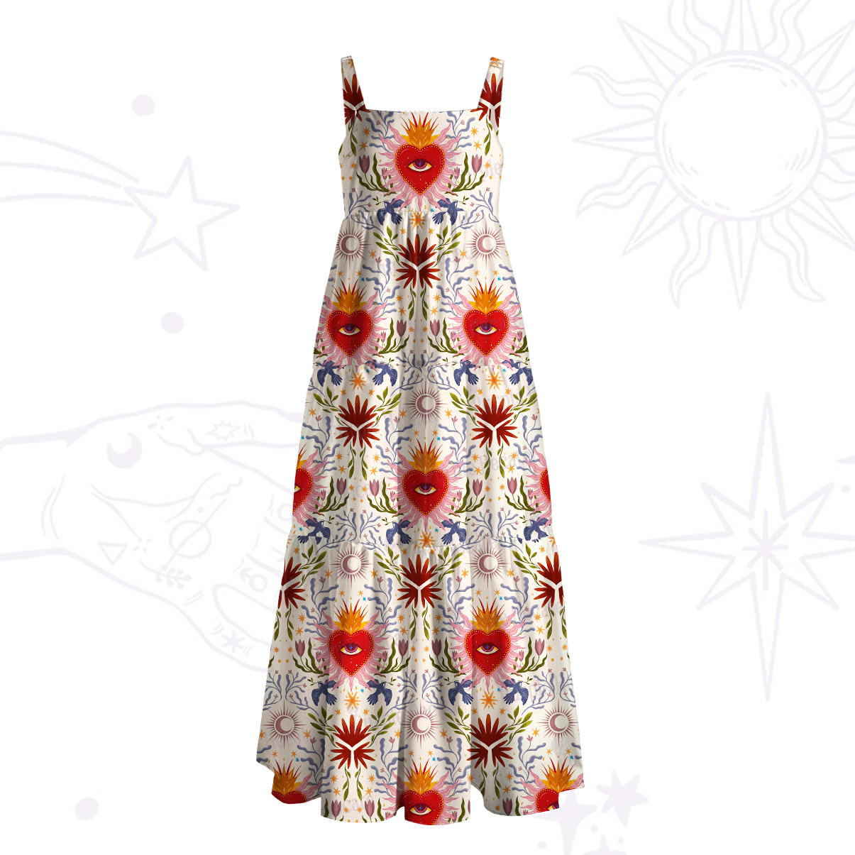 Purplehecate Sacred Flame Heart Wide Straps Maxi Dress