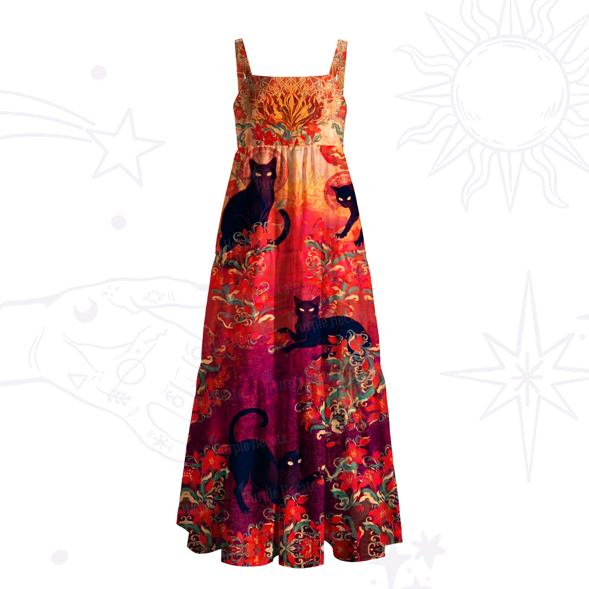Purplehecate Blazing Jungle Night Cat Wide Straps Maxi Dress