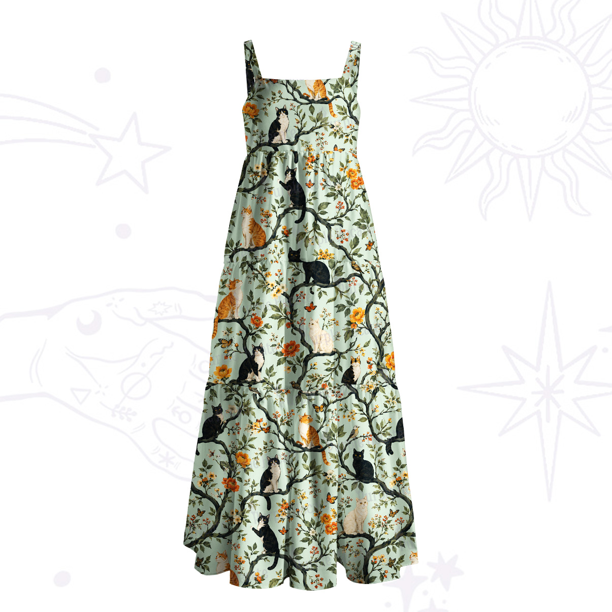 Purplehecate Enchanted Cat Grove Wide Straps Maxi Dress